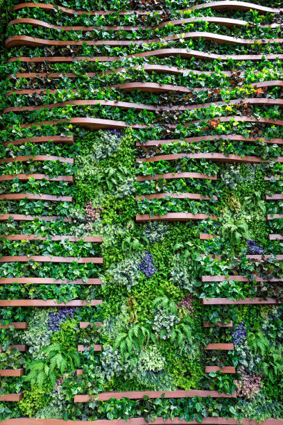 istock Wooden walls decorated with artificial plants. 1194410373