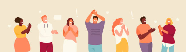 Applauding people vector set Group of smiling applauding people. Congratulation and ovation flat illustration banner cheering illustrations stock illustrations