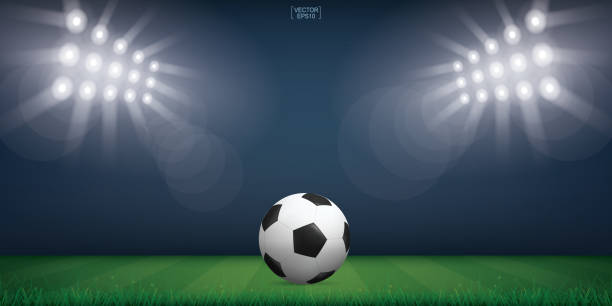 ilustraciones, imágenes clip art, dibujos animados e iconos de stock de pelota de fútbol sobre hierba verde del campo de fútbol. - soccer field soccer corner stadium