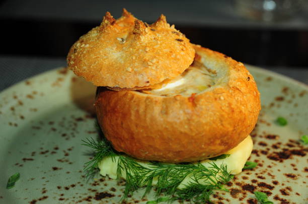 Close up of the soup in the bread