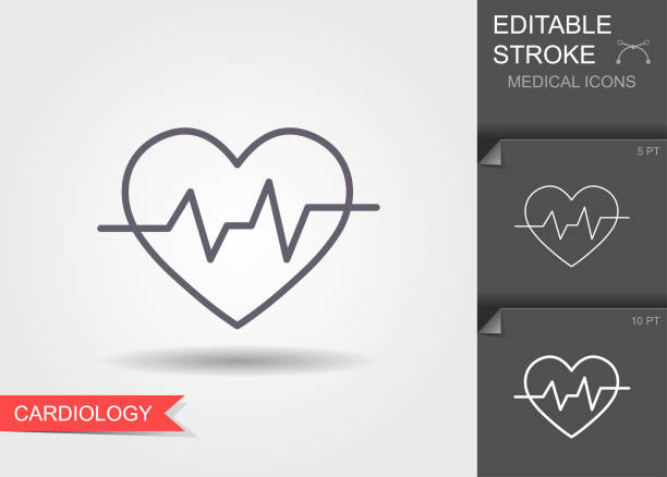 ilustrações de stock, clip art, desenhos animados e ícones de heart and cardiogram symbol. linear medical symbols with editable stroke with shadow - pulse trace human heart heart shape healthcare and medicine