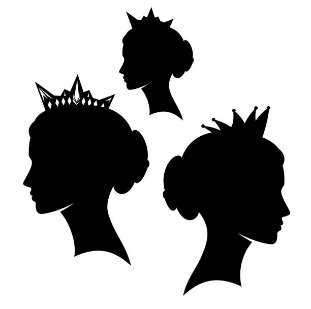 ilustrações, clipart, desenhos animados e ícones de rainha bonita que desgasta o retrato preto real do perfil da silhueta do vetor da coroa - silhouette women black and white side view