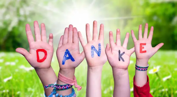 Children Hands Building Colorful German Word Danke Means Thank You. Green Grass Meadow As Background