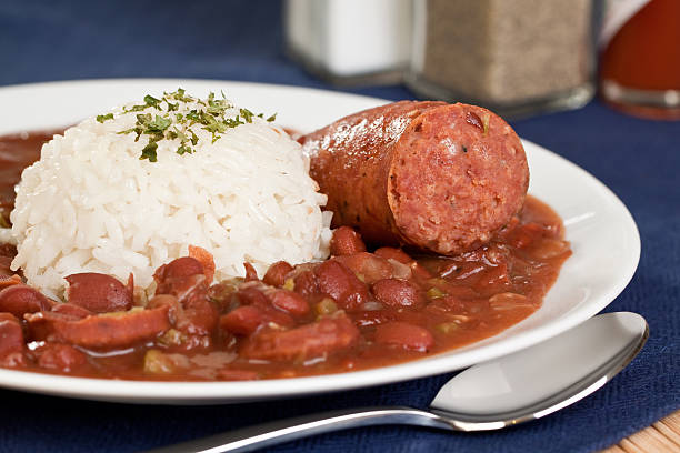 red beans and rice with sausage  cajun food stock pictures, royalty-free photos & images