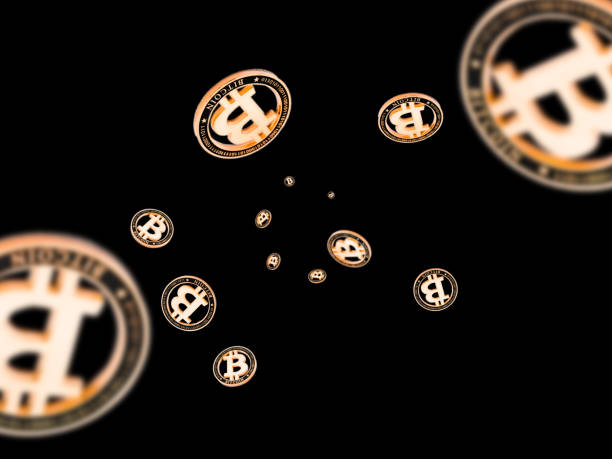 Bitcoin wallet. Gold Falling Cryptomoney isolated on dark. Litecoin, Ethereum Cryptocurrency background.