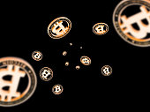 Bitcoin wallet. Gold Falling Cryptomoney isolated on dark. Litecoin, Ethereum Cryptocurrency background.