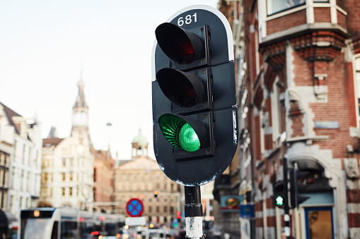 Still life shot of traffic lights in the busy city of Amsterdam, Netherlands