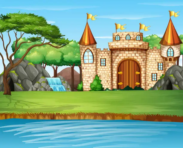 Vector illustration of Scene with big castle by the waterfall