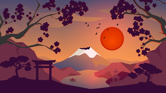 Japan background pattern, mountain Fuji with snow near the water, sunset landscape background, red sun, pink sakura trees, japanese houses and boat, Vector illustration