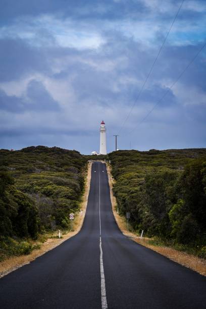 View of the Cape Nelson Lighthouse near Portland on a cloudy day, Victoria, Australia