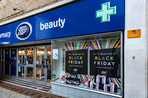 2019 Black Friday signs on a Boots the chemist shop window in Nottingham, England, UK.