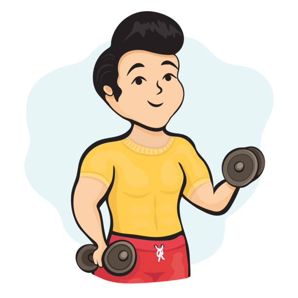 ilustraciones, imágenes clip art, dibujos animados e iconos de stock de personaje de dibujos animados hombre musculoso atleta con mancuernas en las manos jugando deportes, dibujo de fitness. hombre lindo en el entrenamiento de cháta y sacude los músculos, aislado sobre fondo blanco. ilustración vectorial - sport couple isolated muscular build