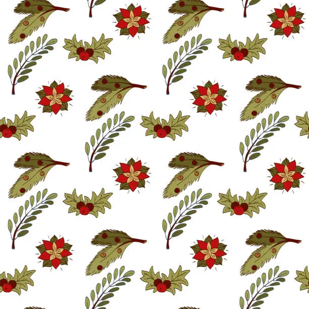 Vector illustration of Christmas New Year pattern. Christmas star, mistletoe, Christmas tree, green twig. Vector seamless pattern on a white background.