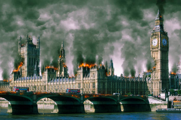 Westminster Houses of Parliament London Burning stock photo