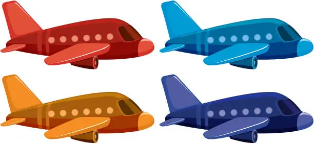 Vector illustration of Set of four pictures of airplane in different colors