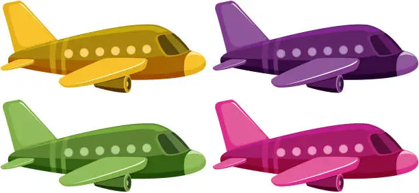 Vector illustration of Set of four pictures of airplane in different color
