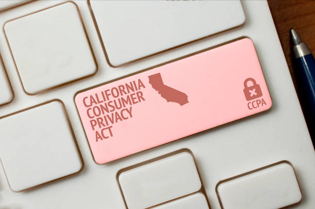 CCPA concept: a black computer keyword with a lock, a California shape and the text California consumer privacy act