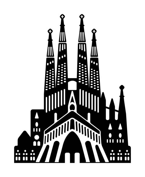 사그라다 파밀리아 - 스페인 / 세계적으로 유명한 건물 흑백 벡터 일러스트 레이션. - barcelona spain antonio gaudi sagrada familia stock illustrations