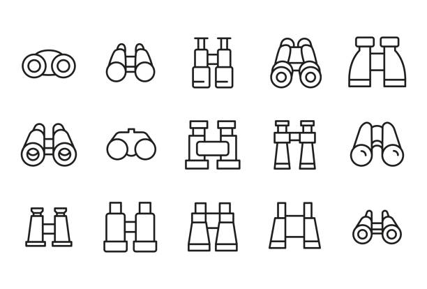Modern thin line icons set of binoculars. Modern thin line icons set of binoculars. Premium quality symbols. Simple pictograms for web sites and mobile app. Vector line icons isolated on a white background. binoculars stock illustrations
