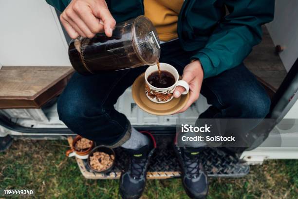 Pouring A Morning Coffee Stock Photo - Download Image Now - Coffee - Drink, Camping, French Press