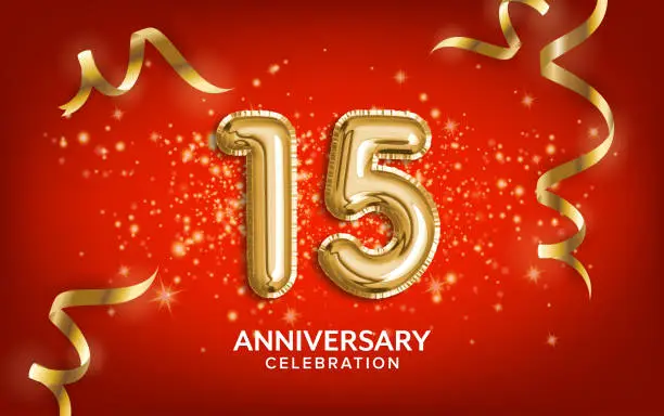 Photo of 15th Anniversary celebration. Anniversary Celebrating text balloons with golden serpentine and confetti on red background.