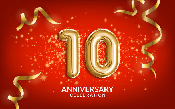 10th Anniversary celebration. Anniversary Celebrating text balloons with golden serpentine and confetti on red background. 10th Anniversary celebration. Anniversary Celebrating text balloons with golden serpentine and confetti on red background. Birthday or wedding party event decoration. Illustration stock 10th anniversary stock pictures, royalty-free photos & images