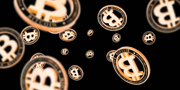 istock Bitcoin mining isolated on black background. Gold Falling CryptoCash. Litecoin, Ethereum Cryptocurrency concept 1194453715