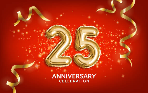 25th Anniversary celebration. Anniversary Celebrating text balloons with golden serpentine and confetti on red background. 25th Anniversary celebration. Anniversary Celebrating text balloons with golden serpentine and confetti on red background. Birthday or wedding party event decoration. Illustration stock 50th anniversary photos stock pictures, royalty-free photos & images