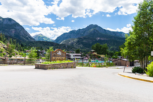 Ouray, USA - August 14, 2019: Colorado city small town in San Juan mountains wide angle view of entrance to hot springs park