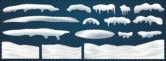 Set of snow caps, pile, icicles, ice, snowball and snowdrift isolated on transparent background. 3d Winter decorations, Christmas, snow texture, white elements, holiday design - vector