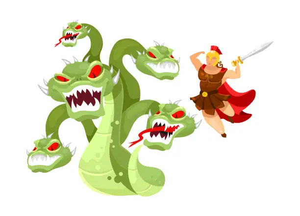 Vector illustration of Hydra and Hercules flat vector illustration. Hero attacking mythological monster. Greek mythology. Twelve labors of Herakles. Fight with beast isolated cartoon character on white background