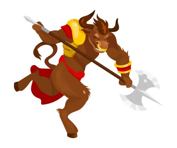 Vector illustration of Minotaur flat vector illustration. Mythological creature with battleaxe. Fantastical bull beast with axe. Greek mythology. Monster in fight pose isolated cartoon character on white background