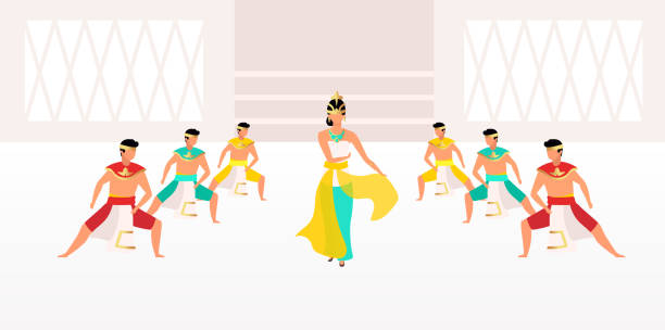 ilustrações, clipart, desenhos animados e ícones de indonésio dança ilustração vetorial plana. celebração tradicional. celebração asiática. homens e mulher vestidos em caráteres tradicionais dos desenhos animados da roupa - etnia indonésia