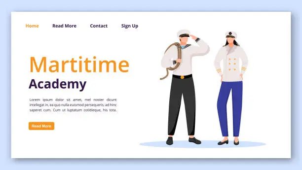 Vector illustration of Maritime academy landing page vector template. Nautical school website interface idea with flat illustrations. Students homepage layout. Sailors web banner, webpage cartoon concept