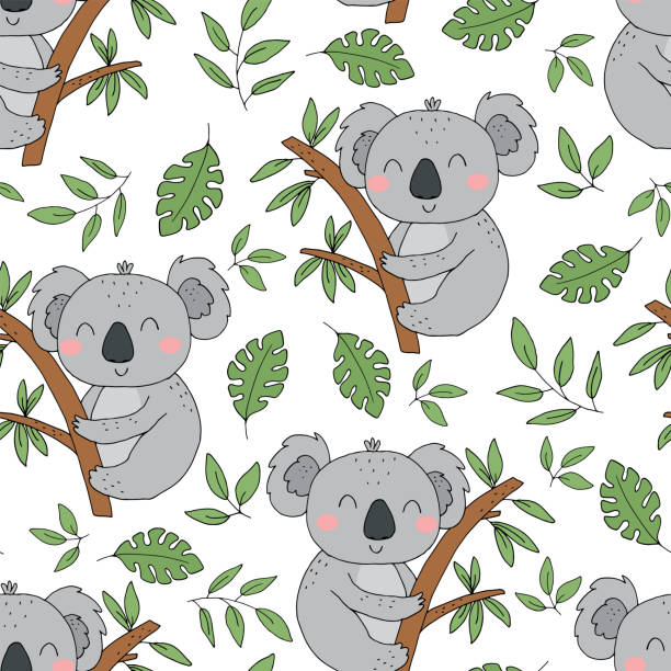 ilustraciones, imágenes clip art, dibujos animados e iconos de stock de patrón sin costuras. carácter lindo - animal dormido bebé koala oso. impresión vectorial para baby shower. - stuffed animal toy koala australia