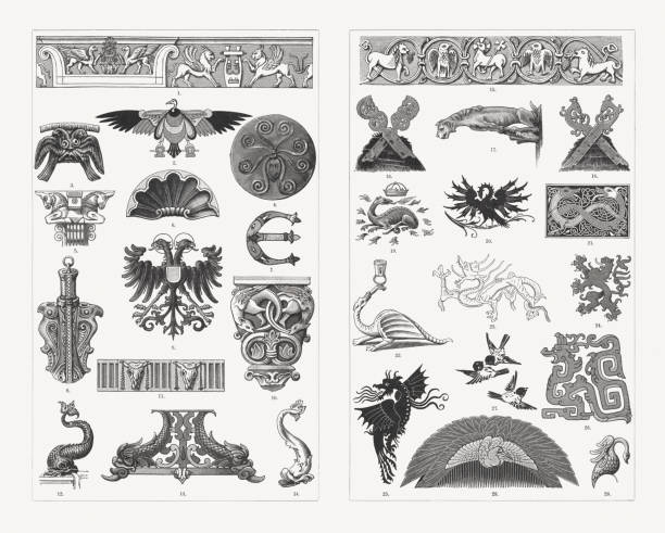 Historical animal ornaments, wood engravings, published in 1897 Historical animal ornaments: 1) Relief with griffins and chimeras from Apollo temple in Miletus (Didyma); 2) Vulture (egyptian); 3) Double eagle (Mycenae); 4) Polyp (Mycenae); 5) Unicorn capital (Persepolis); 6) Shell (baroque style); 7) Medieval fish initial; 8) Double eagle phial (11th century); 9) Heraldic double eagle; 10) Romanesque dragon capital (Gelnhausen); 11) Ox skull frieze; 12 + 14) Dolphin (French renaissance); 13) Dolphins, iron work (German renaissance); 15) Romanesque animal frieze (11th century, Gernrode church); 16) Horseheads (old saxon gable cross); 17) Gothic gargoyle (Magdeburg Cathedral); 18 Chamois heads (old saxon gable cross); 19) Salamander emblem on the coat of arms of Francois Ler at a chateau at Blois; 20) Pelican (renaissance); 21) Dragon pattern (Celtic manuscript, 8th century); 22) Dragon as candle holder (medieval); 23) Japanese dragon; 24) Heraldic lion; 25) Dragon (medieval textile); 26) Chinese dragon; 27) Group of birds (Japanese); 28) Hair comb with bird ornament (Japanese); 29) Swan (medieval helmet ornament). Wood engravings, published in 1897. roman illustrations stock illustrations