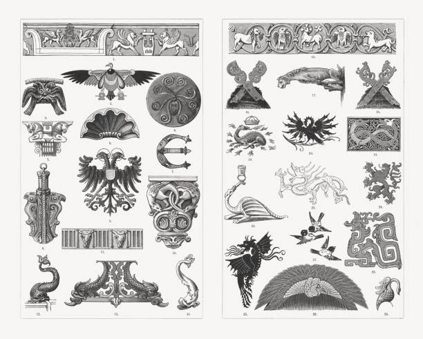 Historical animal ornaments, wood engravings, published in 1897 Historical animal ornaments: 1) Relief with griffins and chimeras from Apollo temple in Miletus (Didyma); 2) Vulture (egyptian); 3) Double eagle (Mycenae); 4) Polyp (Mycenae); 5) Unicorn capital (Persepolis); 6) Shell (baroque style); 7) Medieval fish initial; 8) Double eagle phial (11th century); 9) Heraldic double eagle; 10) Romanesque dragon capital (Gelnhausen); 11) Ox skull frieze; 12 + 14) Dolphin (French renaissance); 13) Dolphins, iron work (German renaissance); 15) Romanesque animal frieze (11th century, Gernrode church); 16) Horseheads (old saxon gable cross); 17) Gothic gargoyle (Magdeburg Cathedral); 18 Chamois heads (old saxon gable cross); 19) Salamander emblem on the coat of arms of Francois Ler at a chateau at Blois; 20) Pelican (renaissance); 21) Dragon pattern (Celtic manuscript, 8th century); 22) Dragon as candle holder (medieval); 23) Japanese dragon; 24) Heraldic lion; 25) Dragon (medieval textile); 26) Chinese dragon; 27) Group of birds (Japanese); 28) Hair comb with bird ornament (Japanese); 29) Swan (medieval helmet ornament). Wood engravings, published in 1897. gargoyle stock illustrations