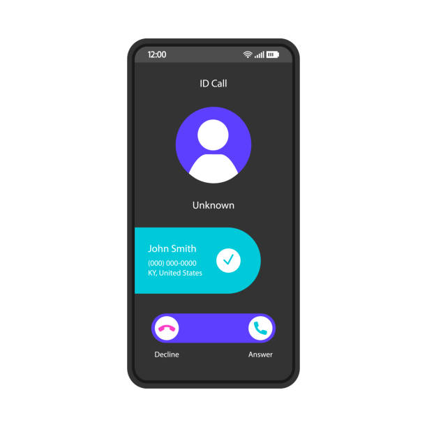 ID call smartphone interface vector template ID call smartphone interface vector template. Mobile app page black design layout. Unknown number, caller identification, spoofing screen. Flat UI for application. Spam blocking feature. Phone display spam meat stock illustrations