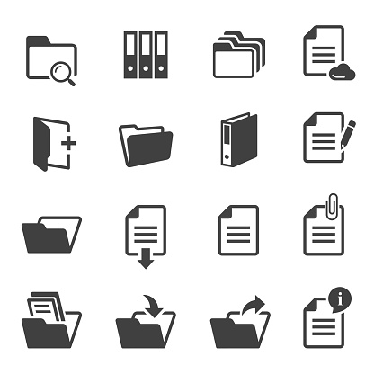 Documents and folders black and white glyph icons set. Office stationery web design elements isolated on white background collection. Documentation storage, archive. A4 white empty sheet