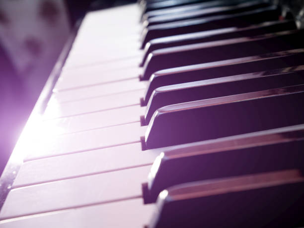 istock Old retro piano keys. close up view. Black and white keys, octave. Lighting effect 1194472471