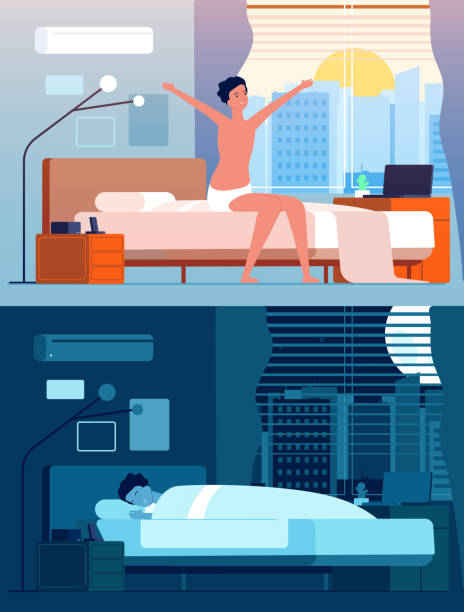 Man wake up. Male characters in bed night relax morning sitting and awakening vector flat person Man wake up. Male characters in bed night relax morning sitting and awakening vector flat person. Person male sleep in bedroom, awake and sleep illustration dreamtime stock illustrations