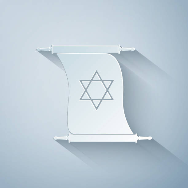 istock Paper cut Torah scroll icon isolated on grey background. Jewish Torah in expanded form. Torah Book sign. Star of David symbol. Simple old parchment scroll. Paper art style. Vector Illustration 1194474432