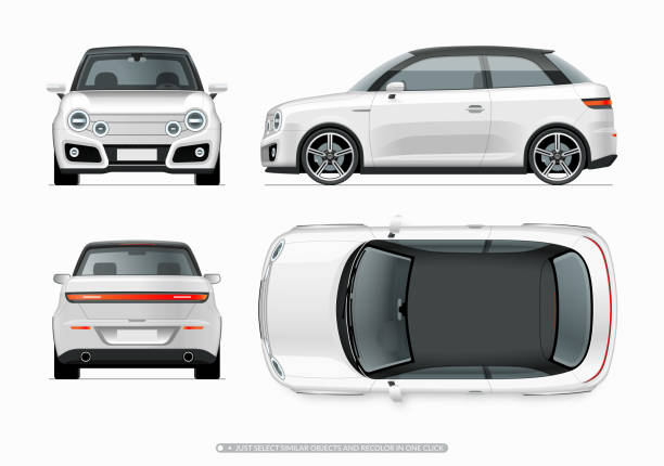 ilustrações de stock, clip art, desenhos animados e ícones de modern compact city car mockup. side, top, front and rear view of realistic small white noname car isolated on white background. - miniature city isolated