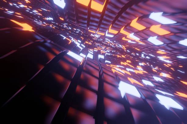 istock Abstract 3D space background with a perspective of metal cubes and bright elements of light. Way to infinity. 1194477889