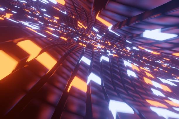 istock Abstract 3D space background with a perspective of metal cubes and bright elements of light. Way to infinity. 1194477890