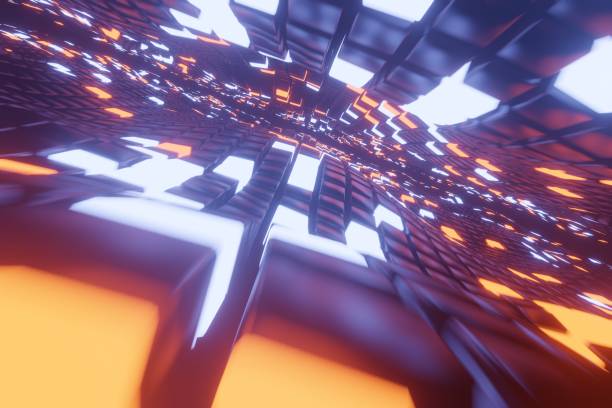 istock Abstract 3D space background with a perspective of metal cubes and bright elements of light. Way to infinity. 1194477892