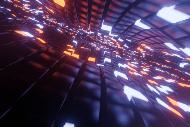 istock Abstract 3D space background with a perspective of metal cubes and bright elements of light. Way to infinity. 1194478067