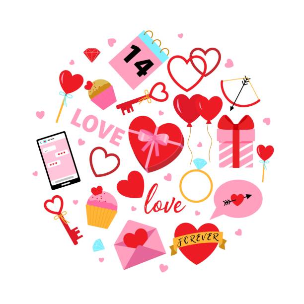 ilustraciones, imágenes clip art, dibujos animados e iconos de stock de círculo vectorial con símbolos románticos para el día de san valentín, boda, amor. - candy heart candy valentines day heart shape
