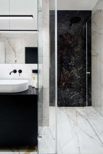 istock Spacious shower with marble tiles 1194478981