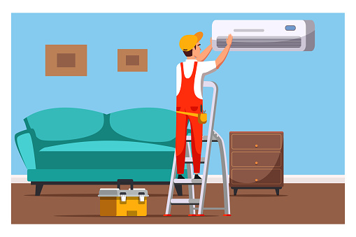 Professional air conditioners service, maintenance, installation and repair. Cartoon master electrician working with home appliance in living room. Ladder, tools box. Vector illustration